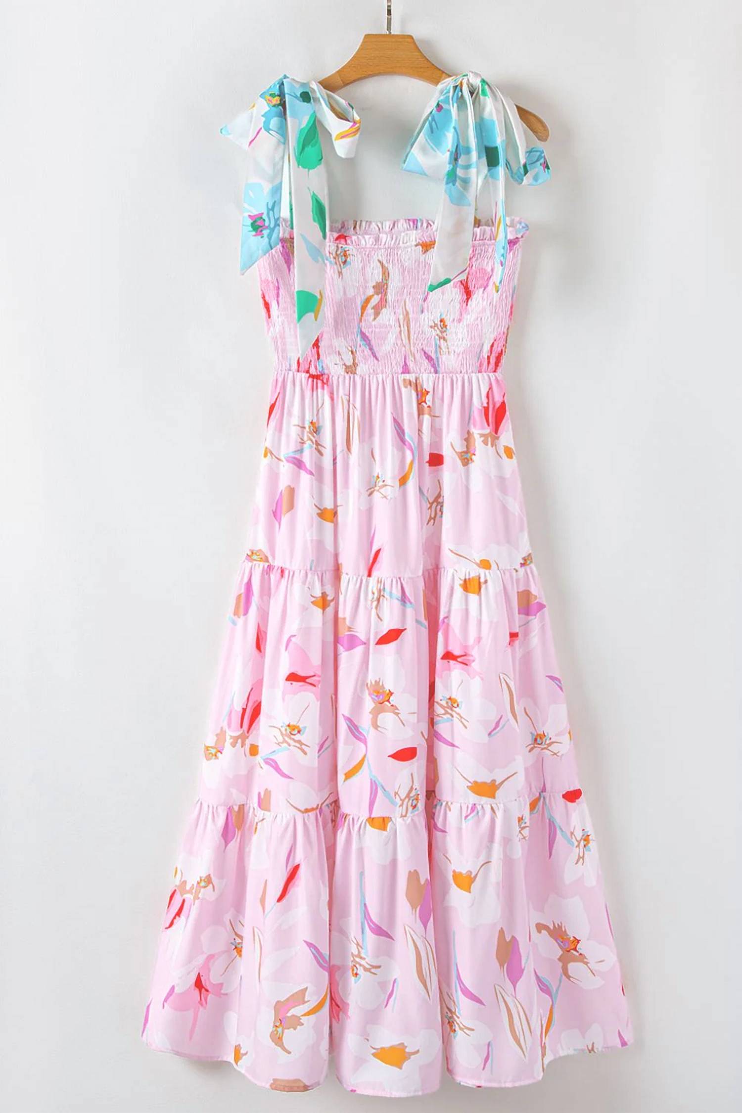 1 The Woman - Floral Print Knotted Shoulder Smocked Maxi Dress