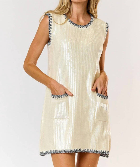 Lalavon - Sequin Contrast Stitch Front Pocket Mini Dress