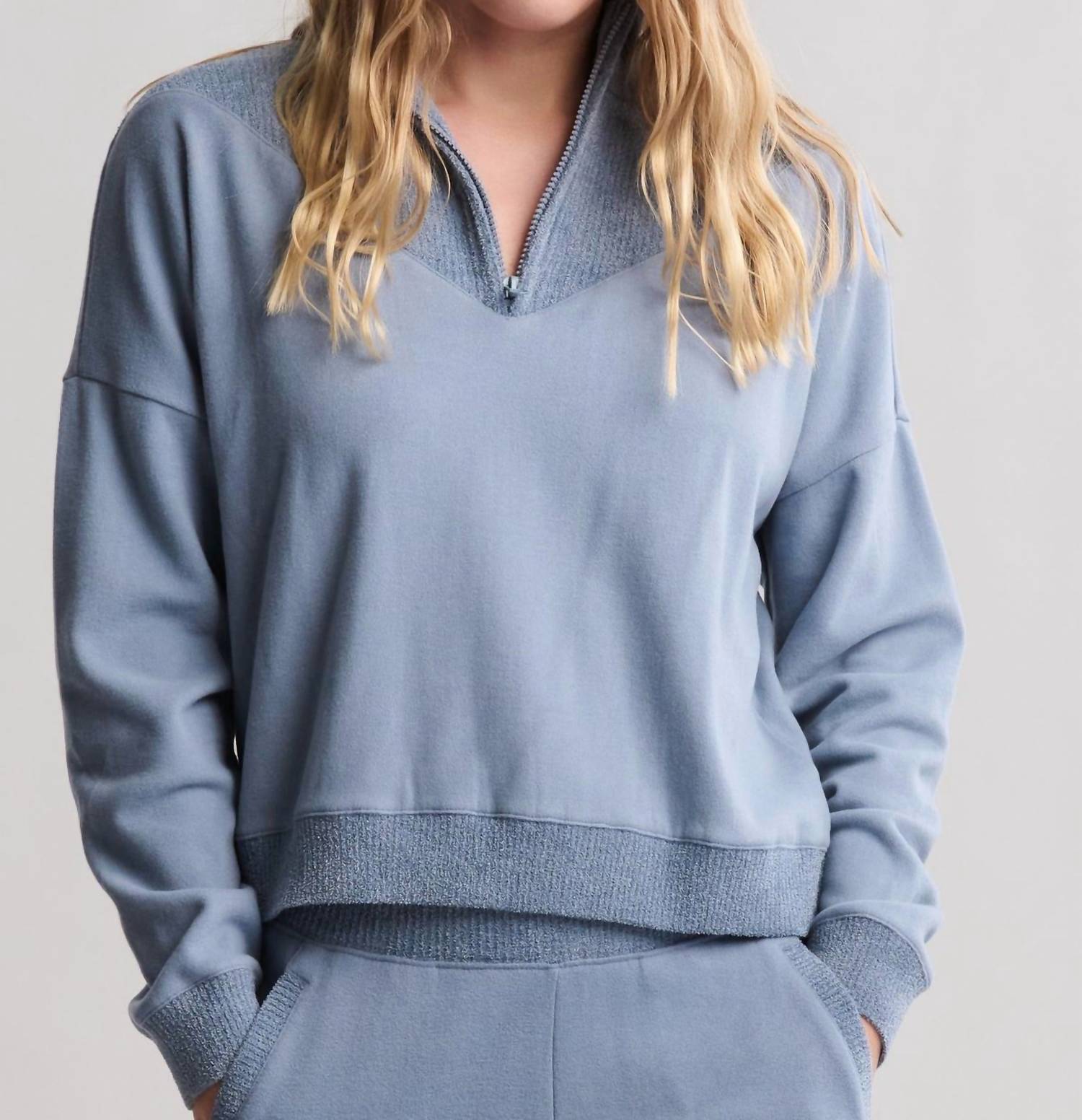 BAREFOOT DREAMS Brushed Fleece With Cozychic Ultra Lite Rib Half Zip Pullover in blue dusk - women's top