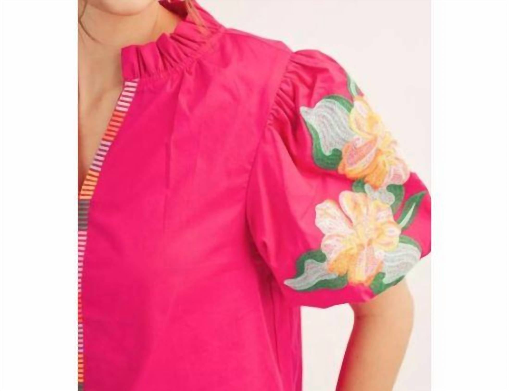Jodifl Floral Embroidered Puff Sleeve Top in fuchsia - women's blouse - view 4