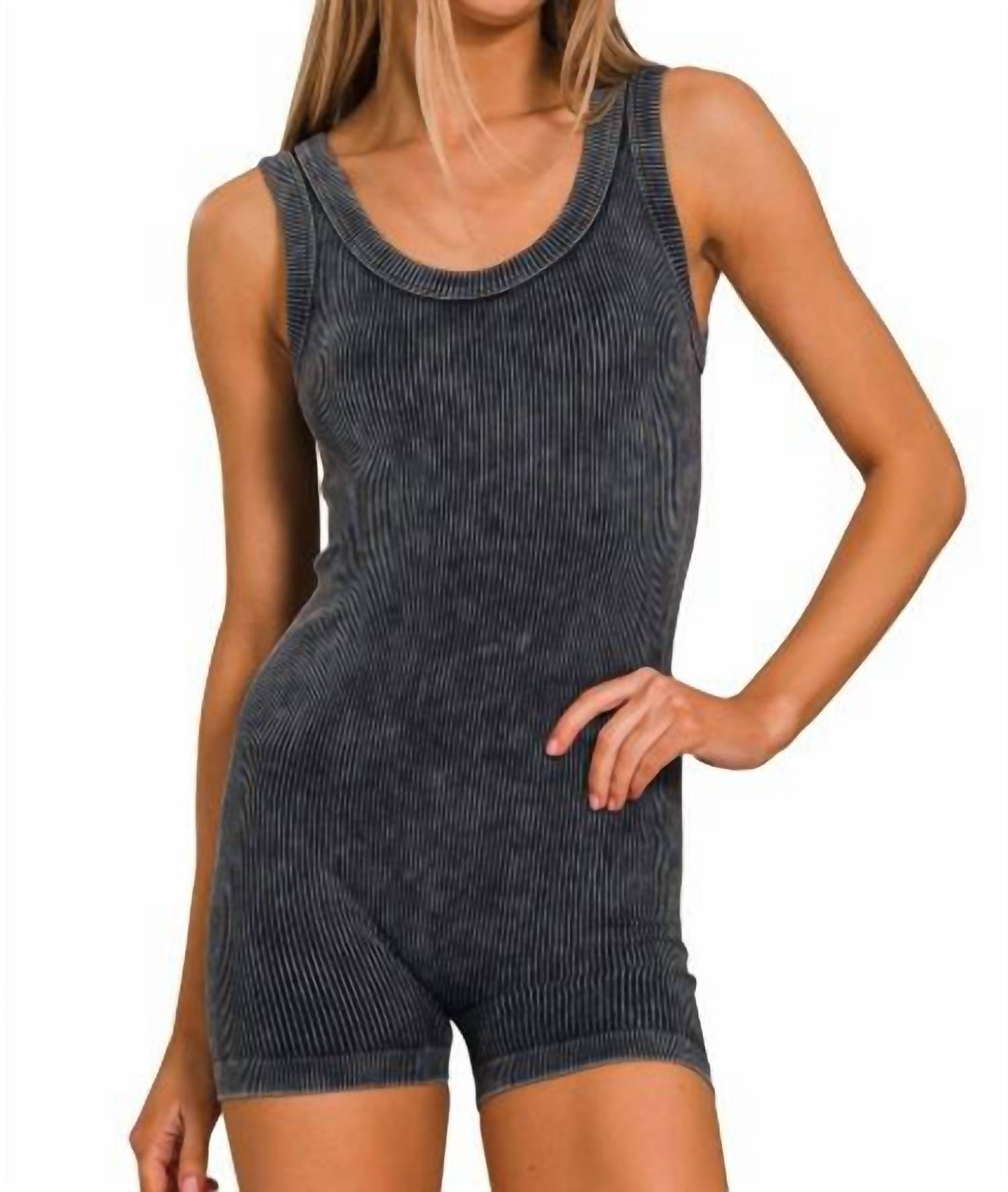 Zenana - Stone Washed Ribbed Romper