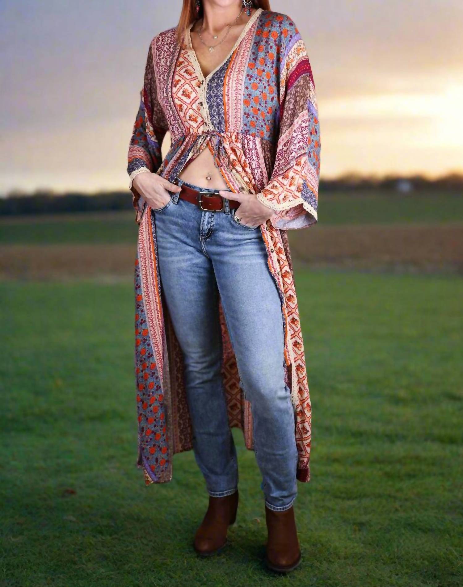 Easel - Printed Bell Sleeve Maxi Duster Dress