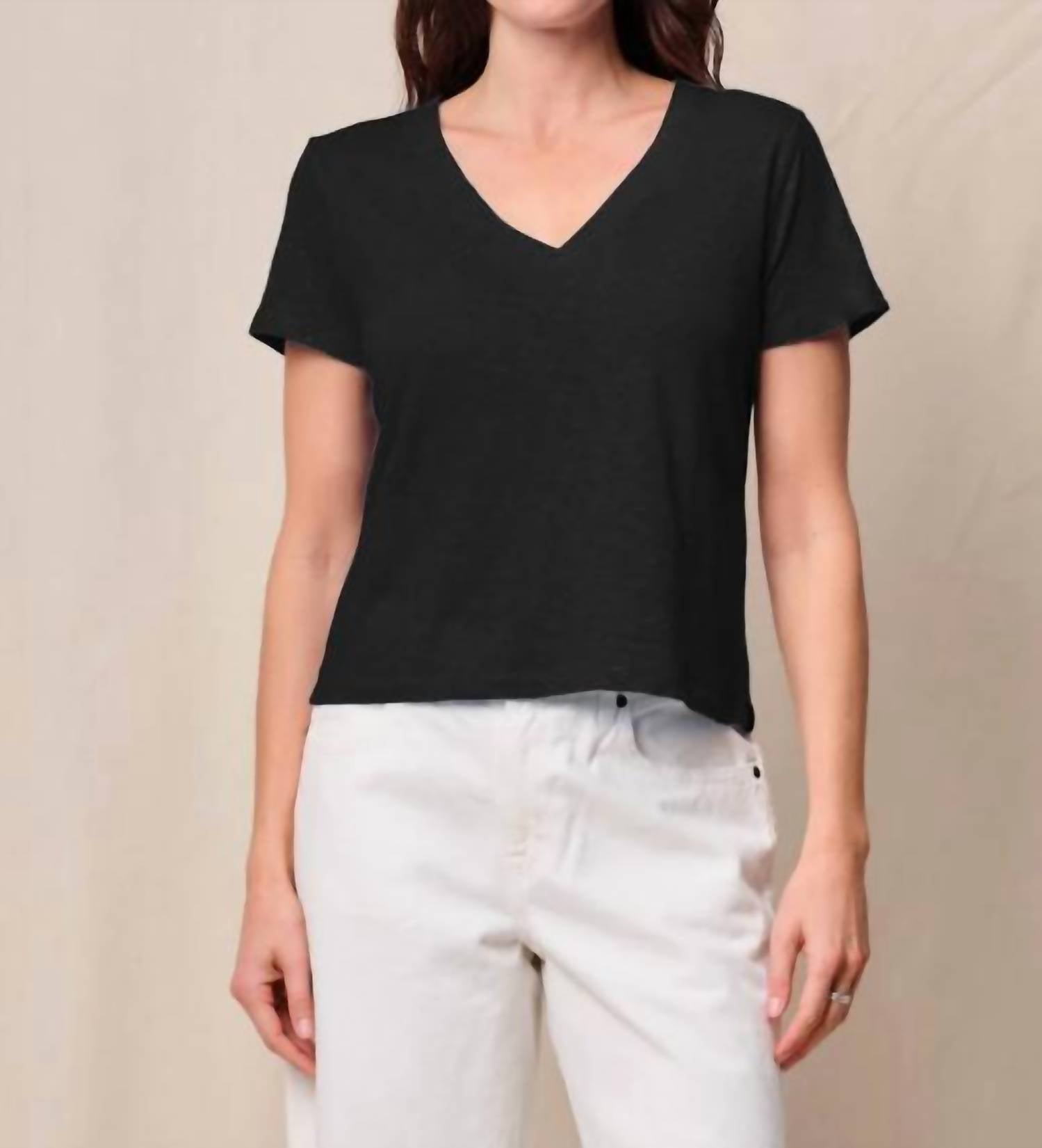 STATESIDE Suipma Slub Short Sleeve V Neck Tee in black - women's t-shirt