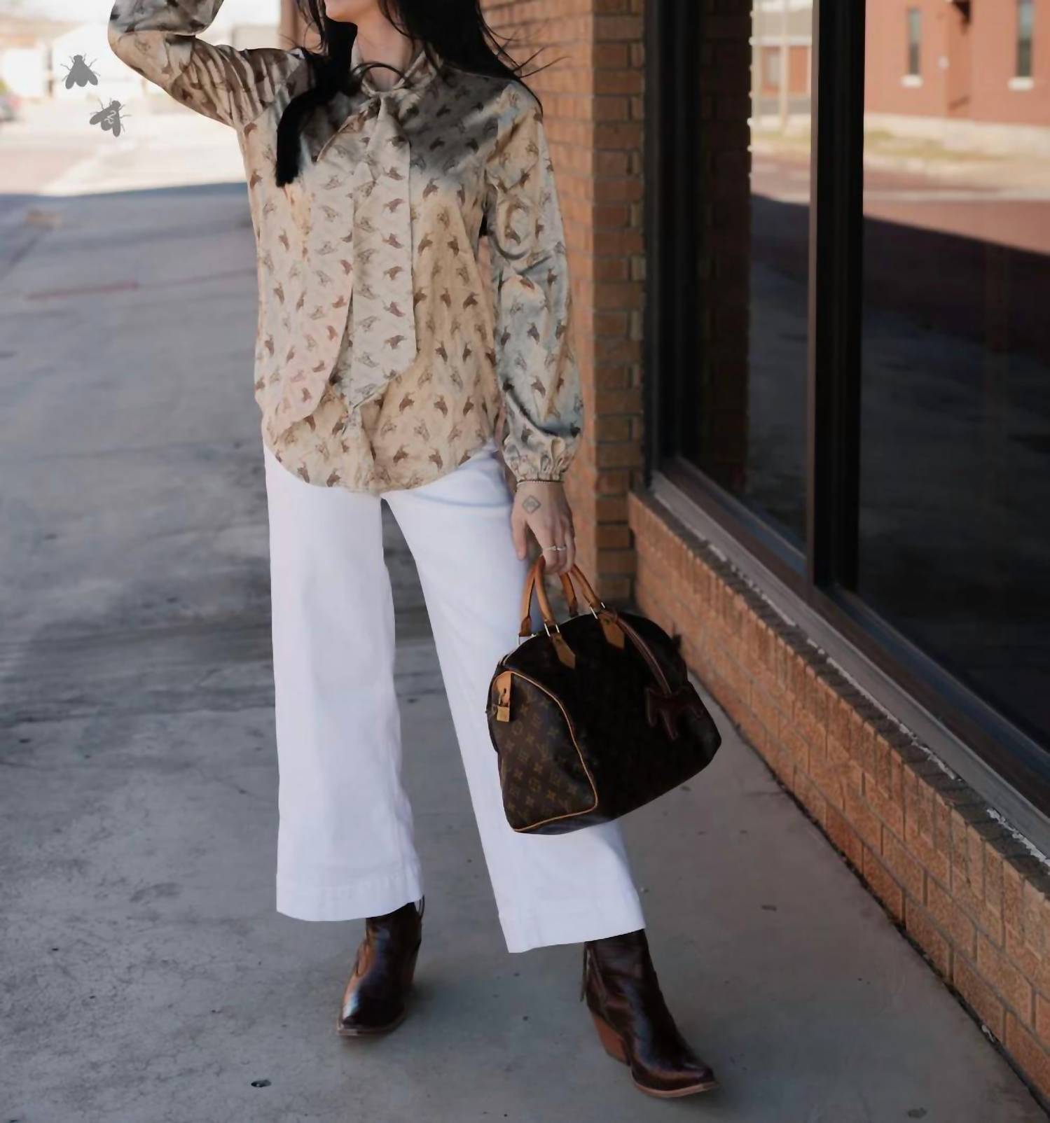 2FlyCo Brimstone Tie Front Blouse in tan brown - women's blouse - alternate view