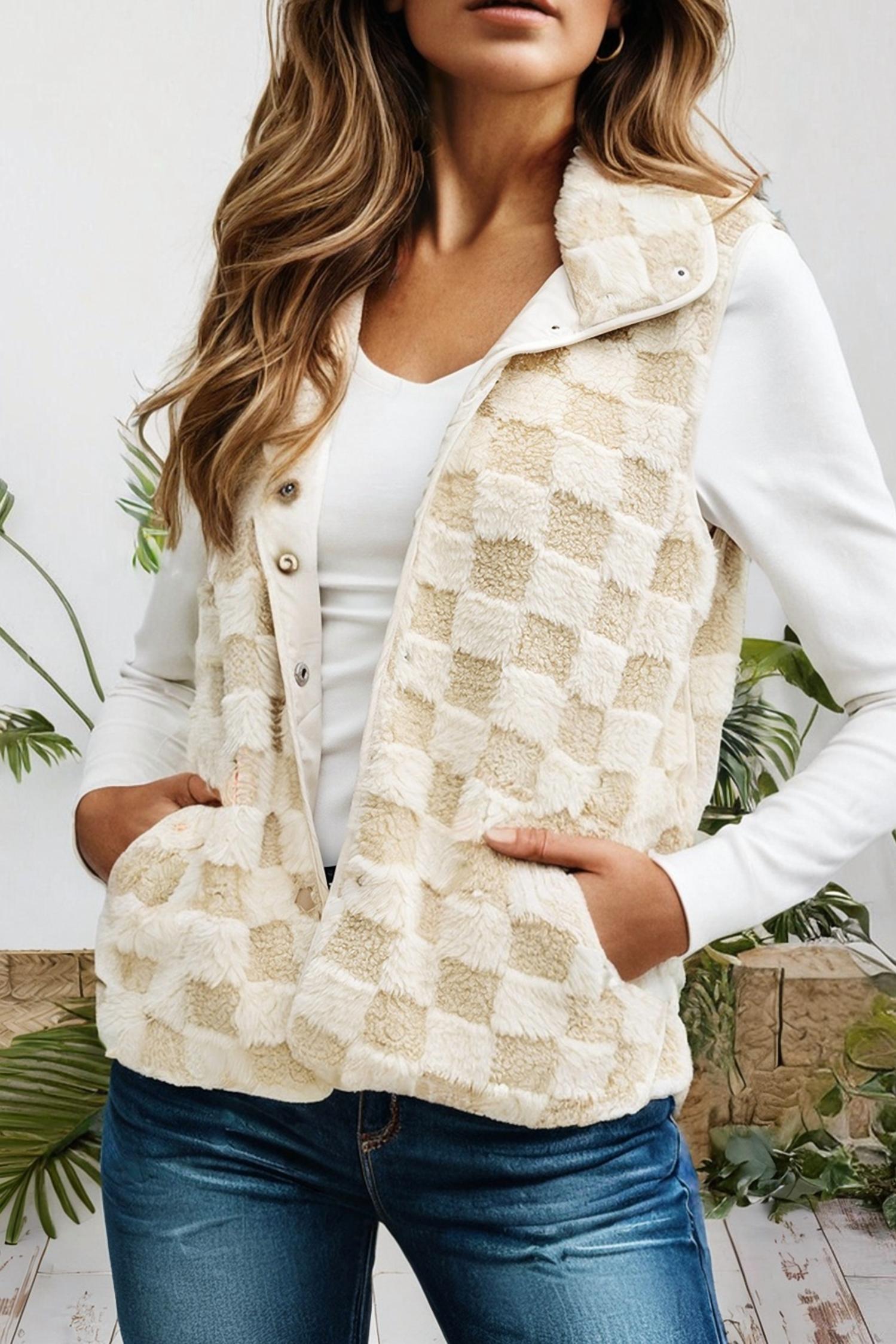 66Disco - Sherpa Checkerboard Snap Button Vest Jacket