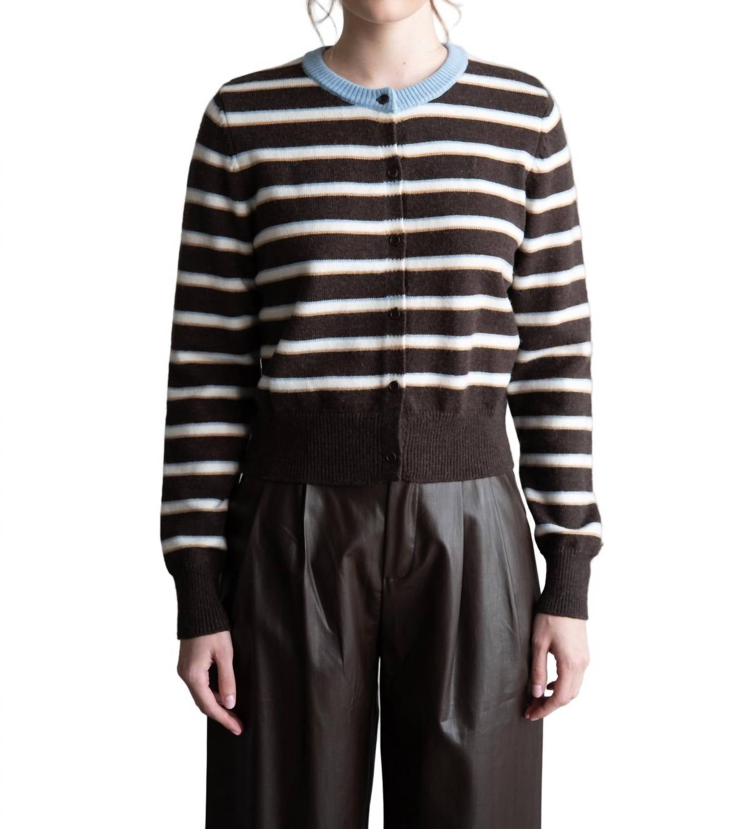 Elle Grey - Striped Crew Neck Contrast Cardigan