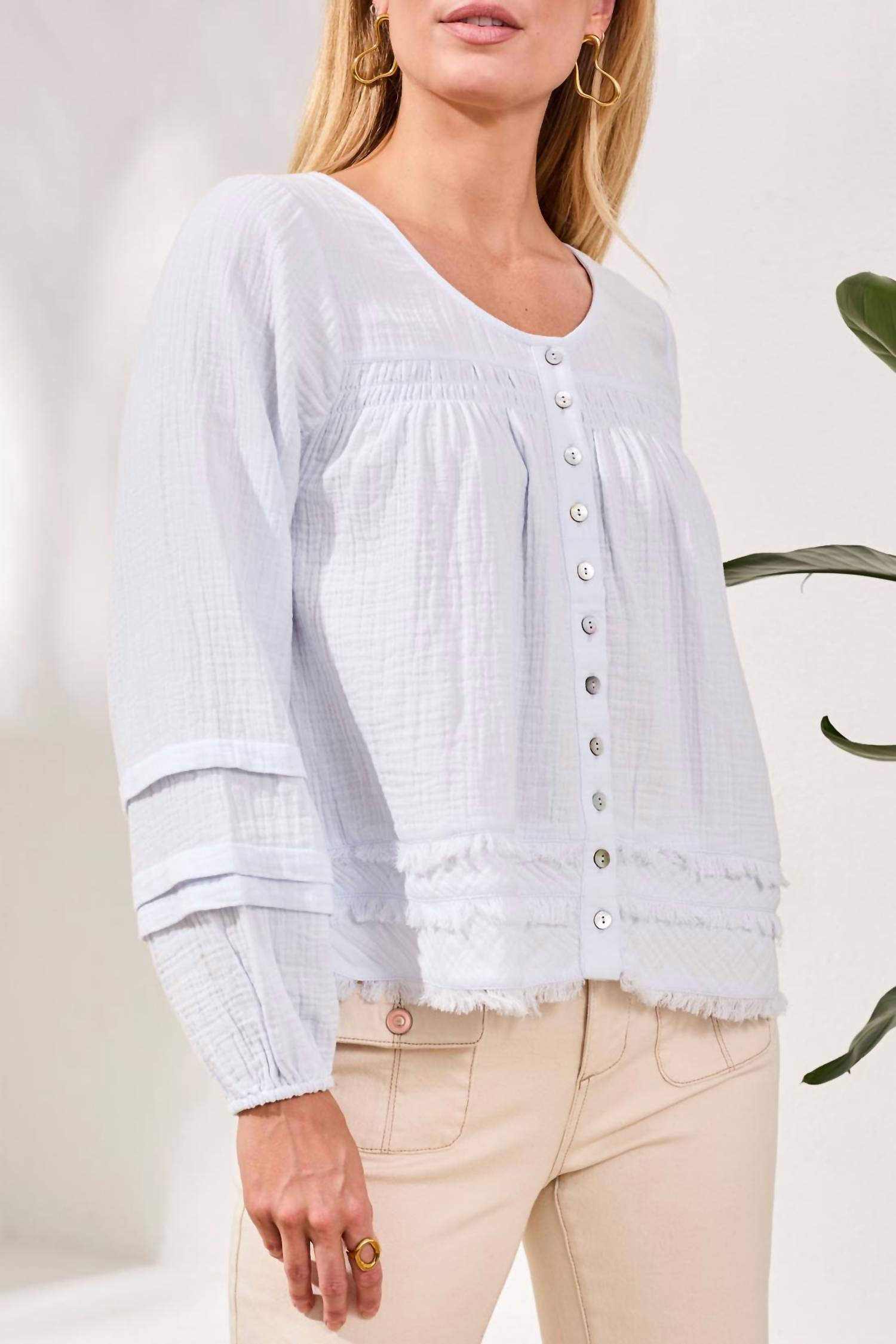 TRIBAL Crinkle Gauze Button-front Balloon Sleeve Frayed Hem Blouse in saltwater - women's blouse - detail view