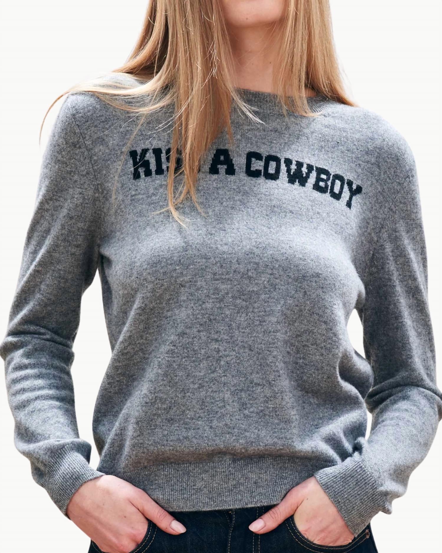 Jumper1234 Kiss A Cowboy Crew Sweater in mid grey black 1 - women's sweater - detail view