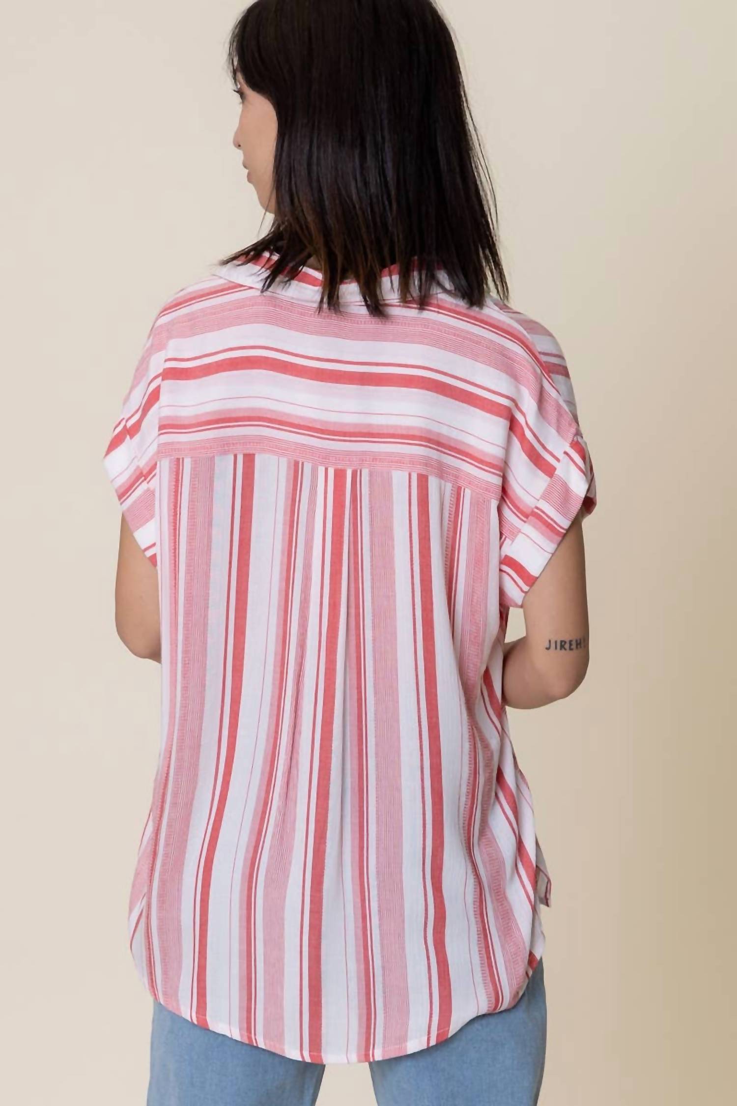 En Creme - Striped Short Sleeve Button Down Top