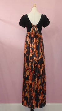 INA Women's Open Back Tie Top And Floral Print Skirt Maxi Dress in black monarch print - women's dress - detail view