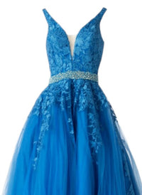 JOVANI Women's Embellished Belt Prom Ballgown in blue - women's dress - detail view