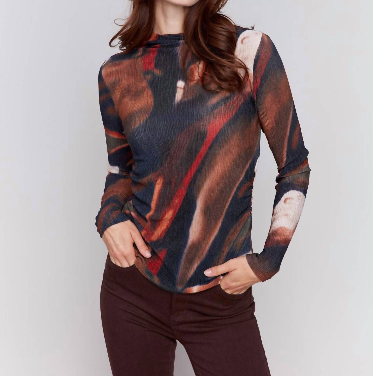 Charlie B - Printed Ruched Mock Neck Top