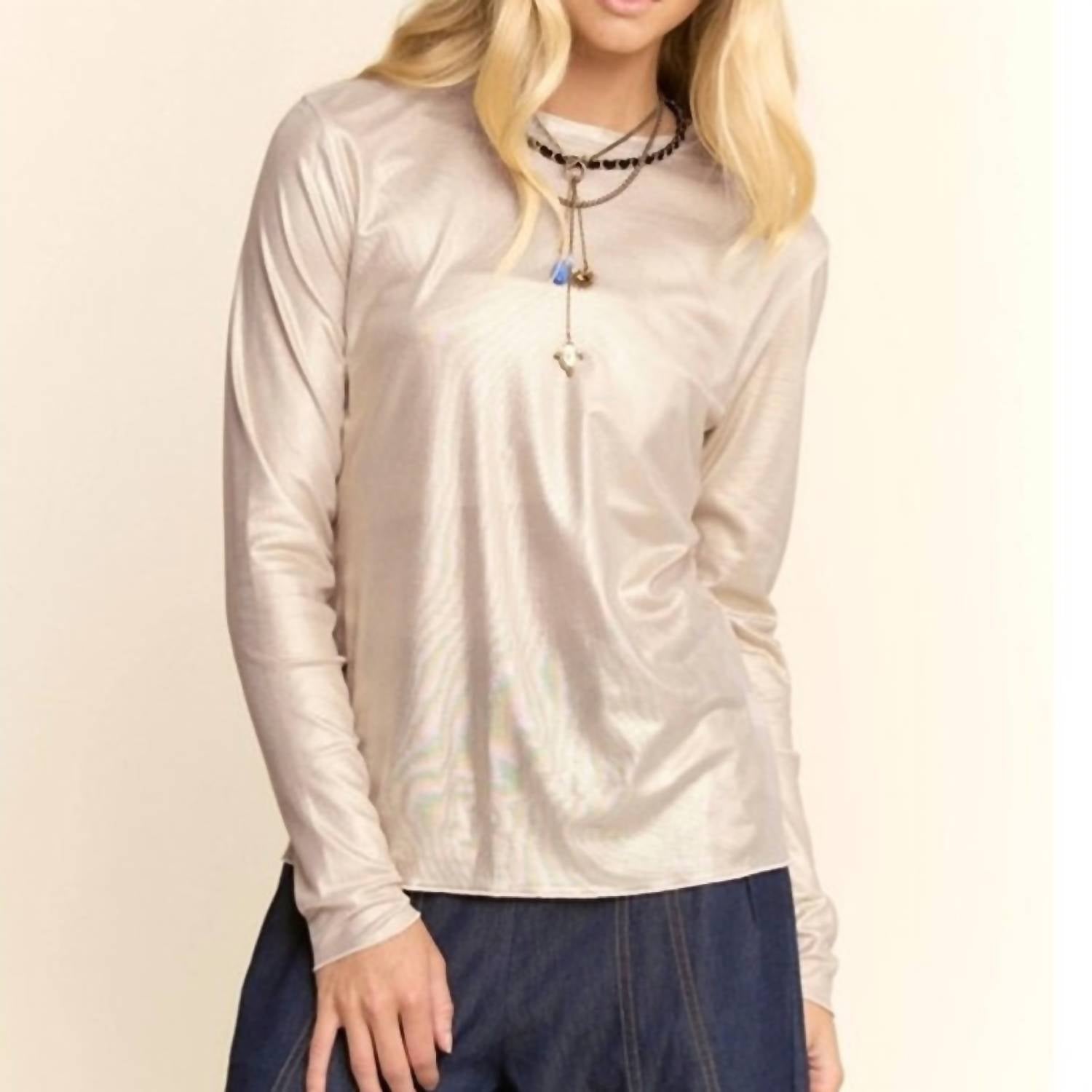 DAVI & DANI Metallic Mesh Long Sleeve Layering Top in cream shimmer - women's long sleeve top