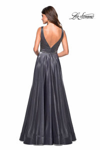 La Femme V-Neck 2-Tone Satin with Rhinestone Gown in platinum - women's dress - alternate view