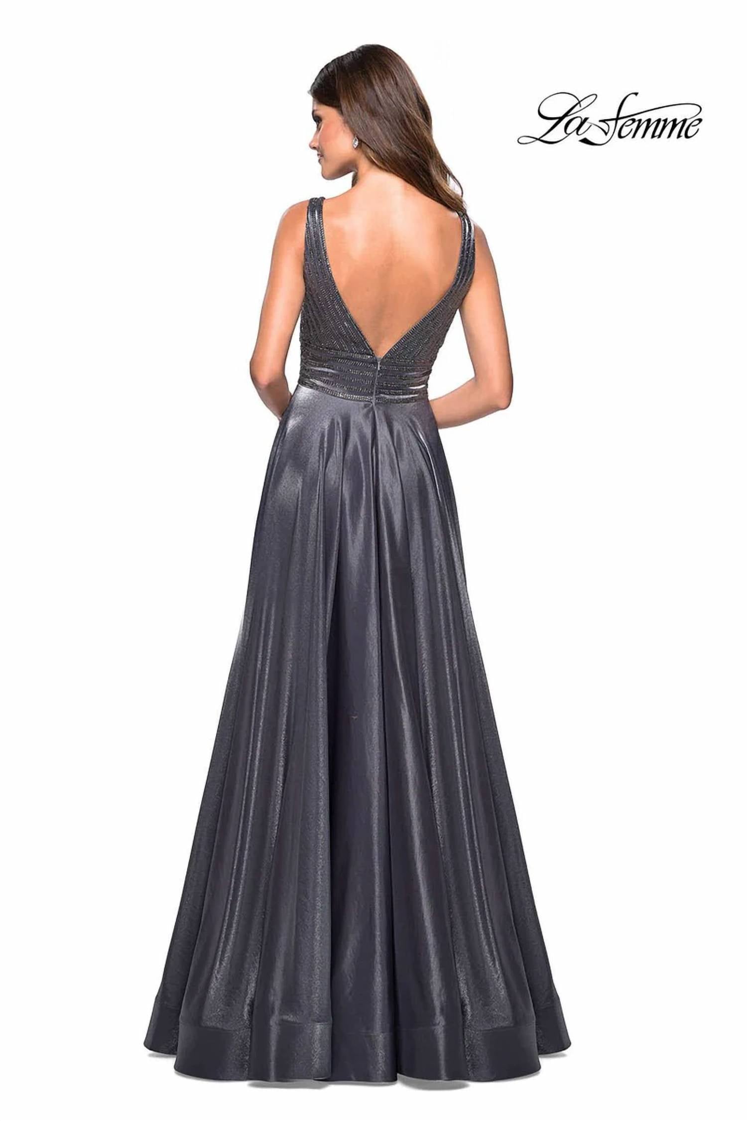 La Femme V-Neck 2-Tone Satin with Rhinestone Gown in platinum - women's dress - alternate view