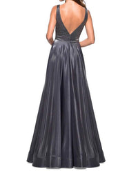 La Femme V-Neck 2-Tone Satin with Rhinestone Gown in platinum - women's dress - detail view