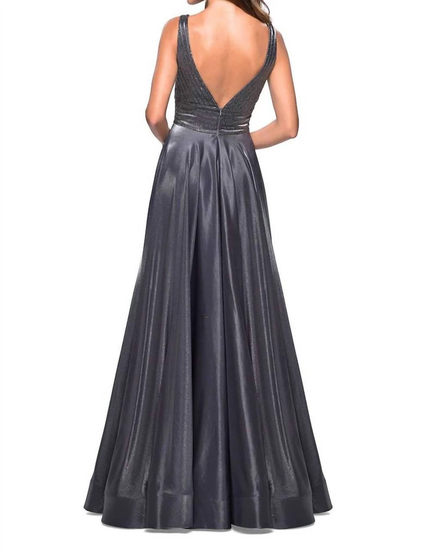 La Femme V-Neck 2-Tone Satin with Rhinestone Gown in platinum - women's dress - detail view