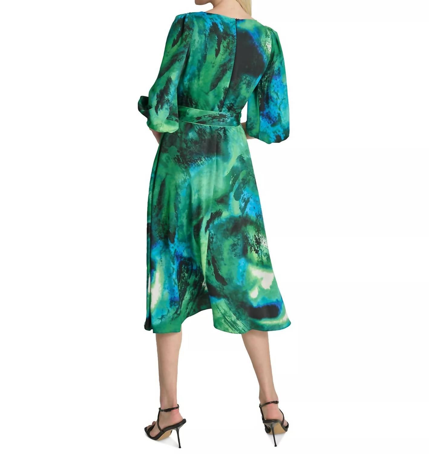 DKNY Women's Printed Sash-tie V-neck Elbow-sleeve Midi Dress in green - women's dress - detail view