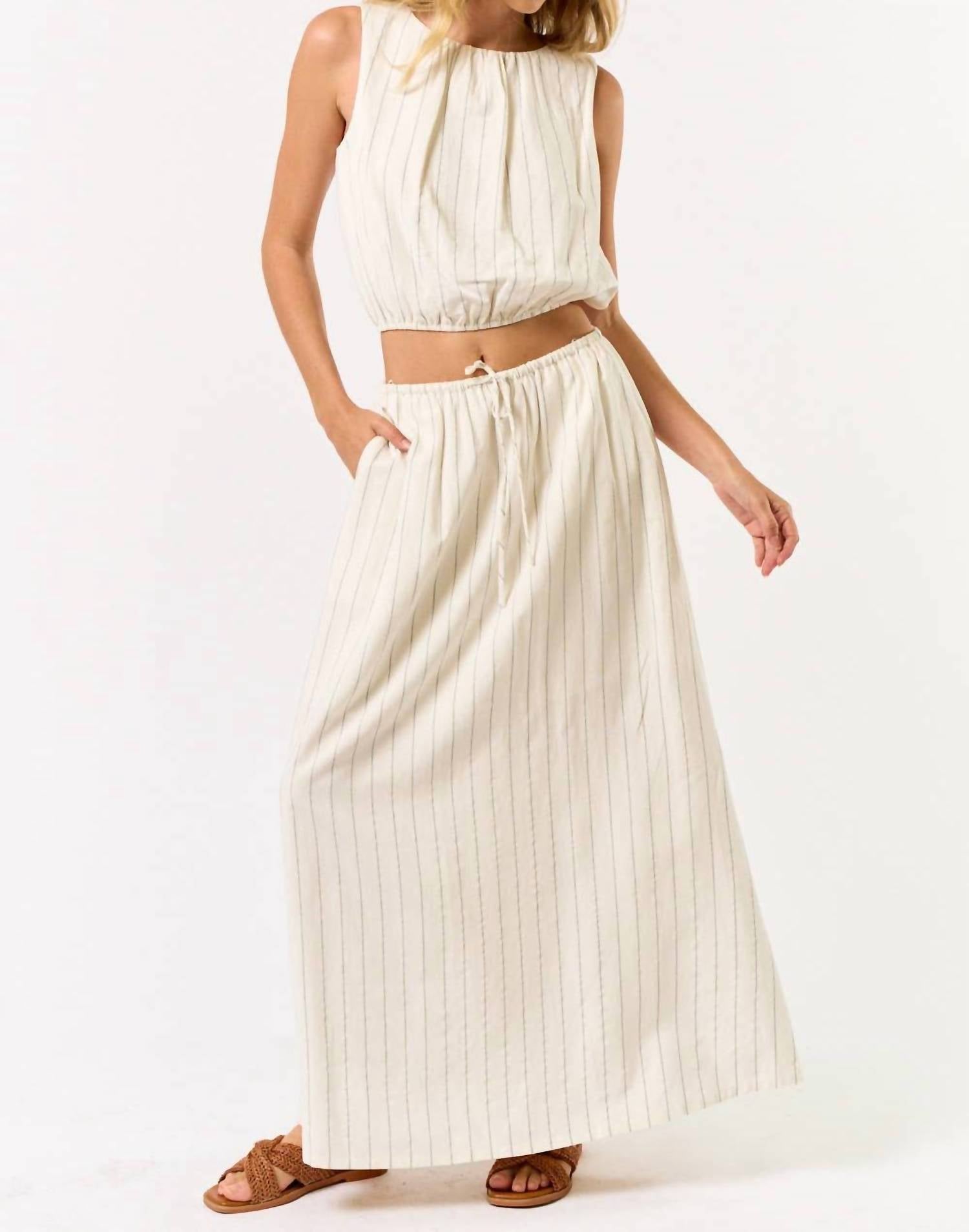 Lalavon - Stripe Cropped Bubble Top & Maxi Skirt Set