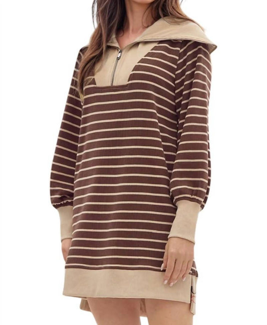 Entro - Misha Stripped Zipper Neckline Sweatshirt Dress