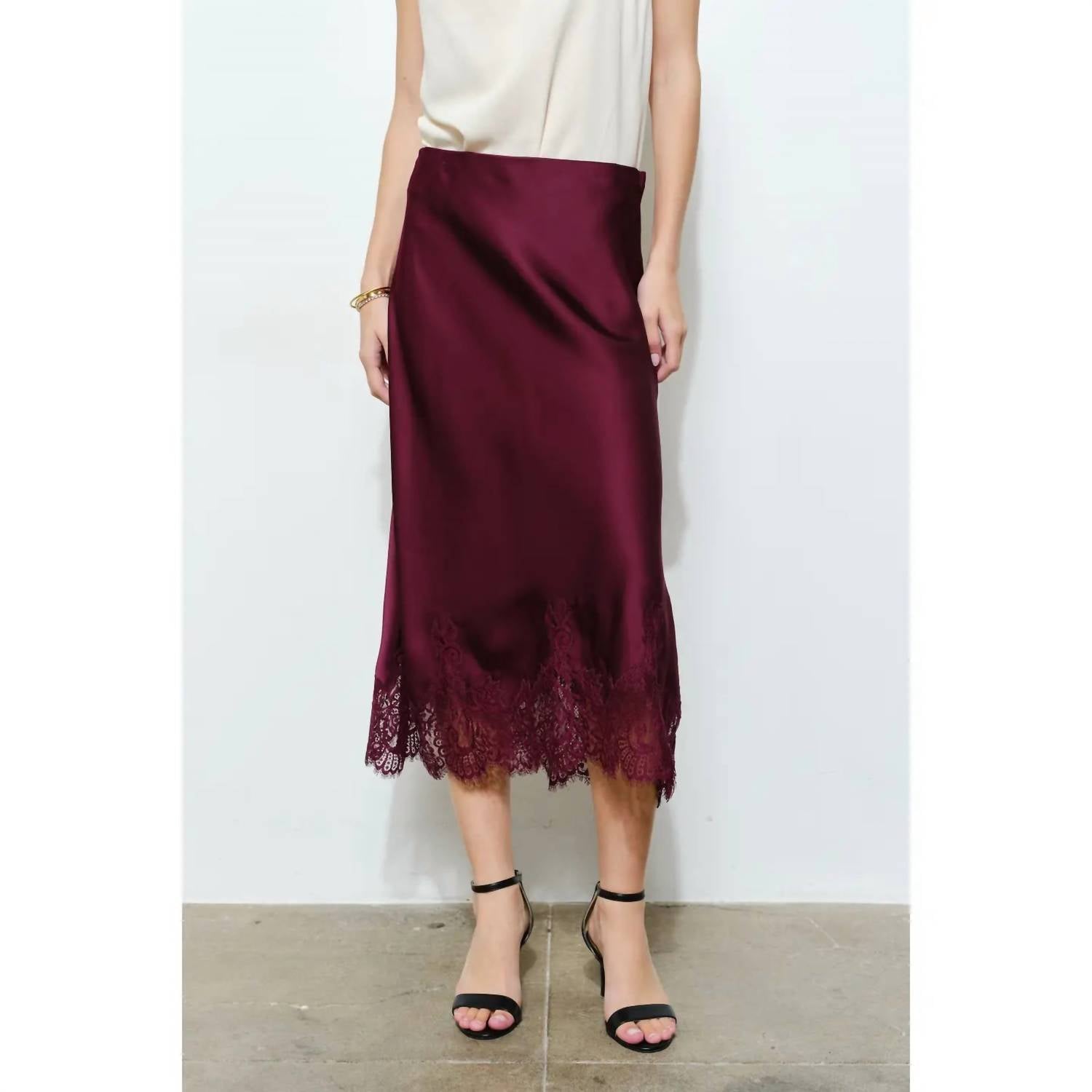 INA Fashion Silky Lace Hemmed Midi Skirt in wine - women's skirt - view 4