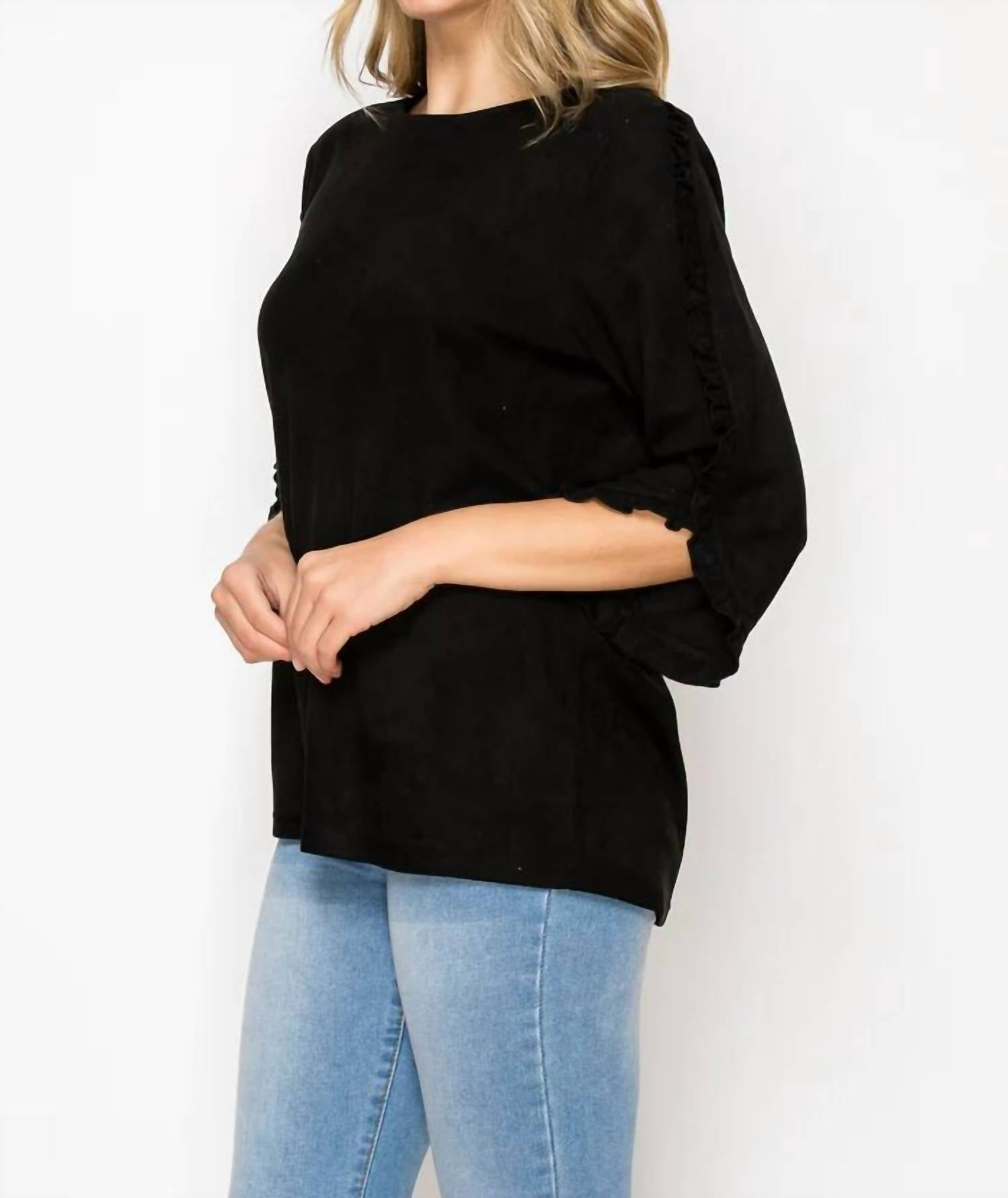 Joh suede top with ruffle on sleeve in black - women's blouse - alternate view