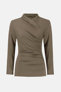 Joseph Ribkoff Long Sleeve Knitted Ruched Fitted Top in java - women's long sleeve top - view 5