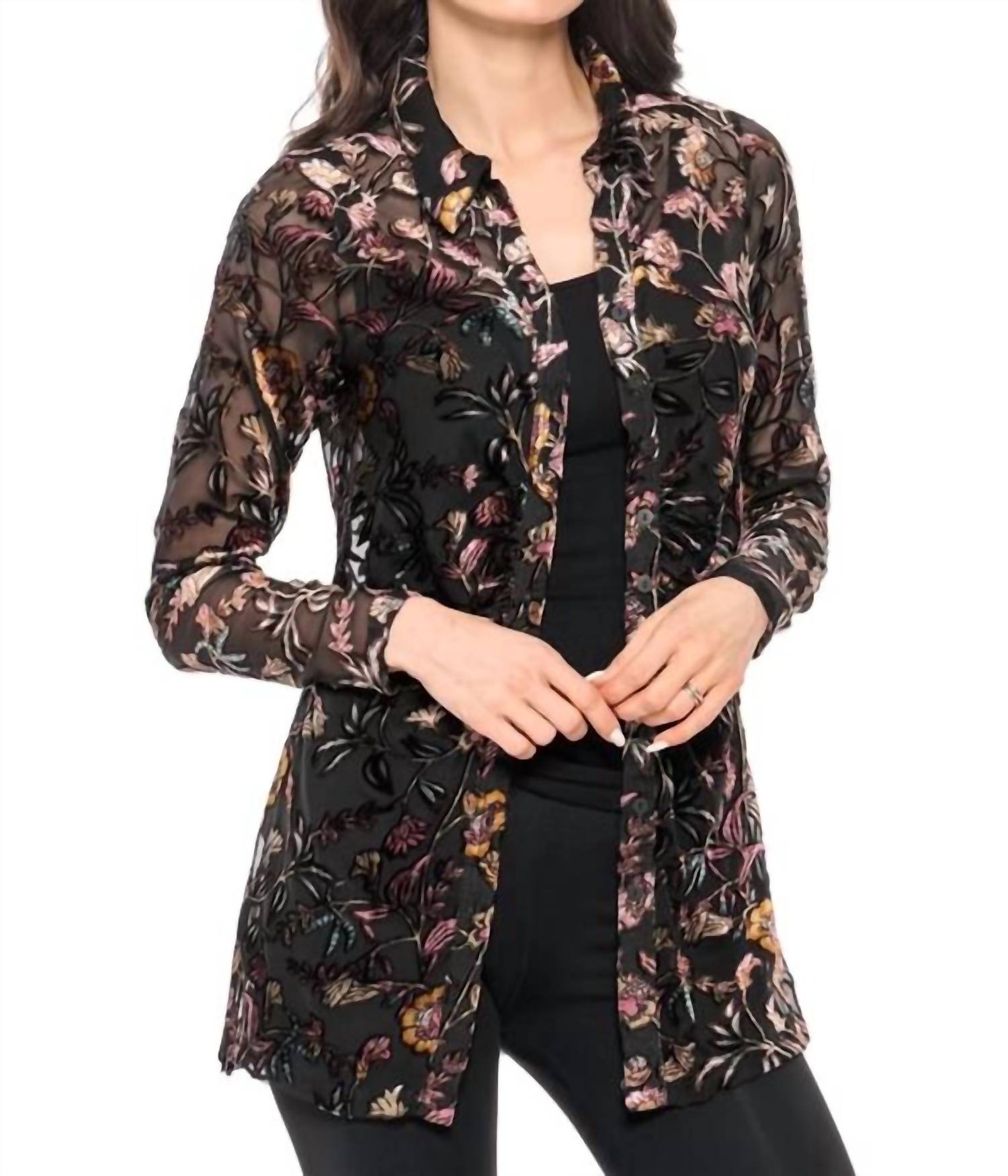 Adore Velvet Sheer Button Up in black - women's shirt