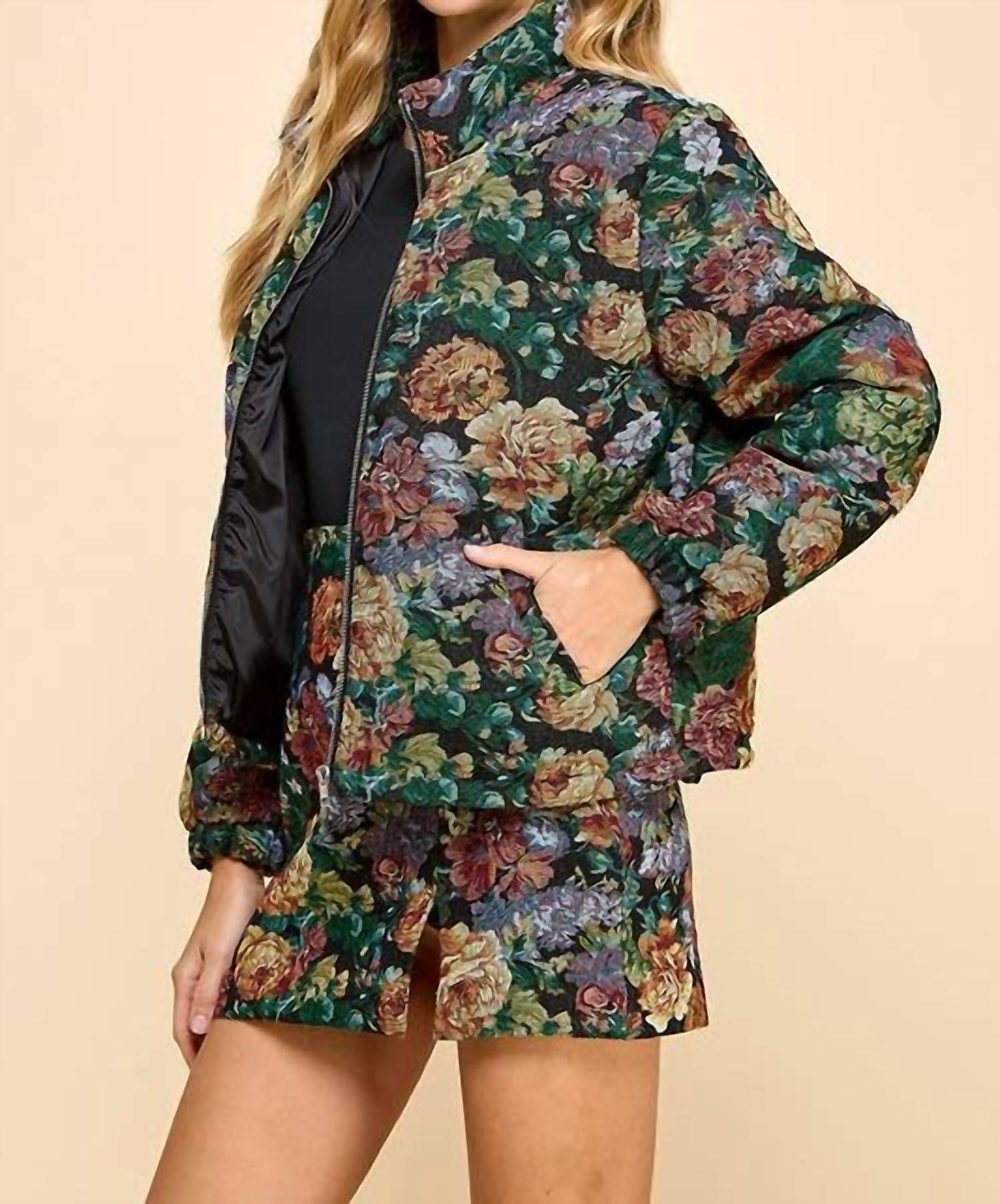Tcec - Corduroy Floral Printed Puffer Jacket