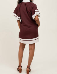 entro Colorblock Border Print Maternity Mini Shift Dress in chocolate cream - women's dress - detail view