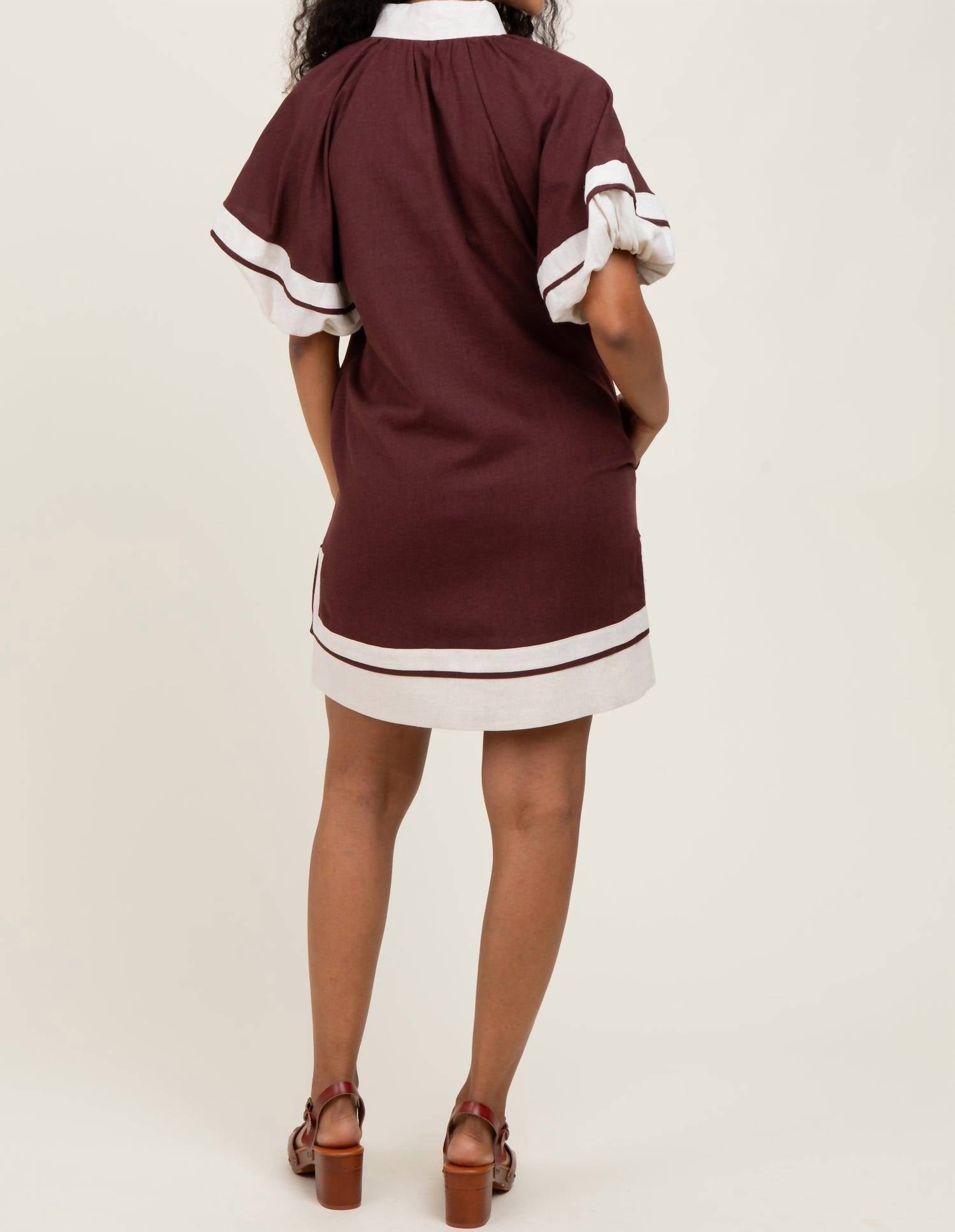 entro Colorblock Border Print Maternity Mini Shift Dress in chocolate cream - women's dress - detail view