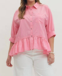Entro - Quarter Sleeve Button Down Ruffle Hem Blouse - Plus