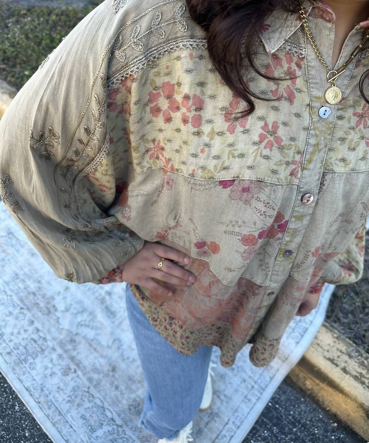 Young Threads Floral Embroidered Patchwork Top in khaki pink - women's blouse - view 4