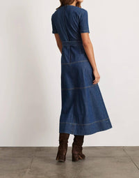 TANYA TAYLOR Ella Denim Midi Dress in classic indigo blue - women's dress - detail view