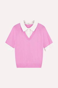 Minnie Rose - Cotton Cashmere Short Sleeve Vneck Collar Shirt