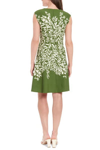 London Times - Leaf Print Cap Sleeve A-Line Dress