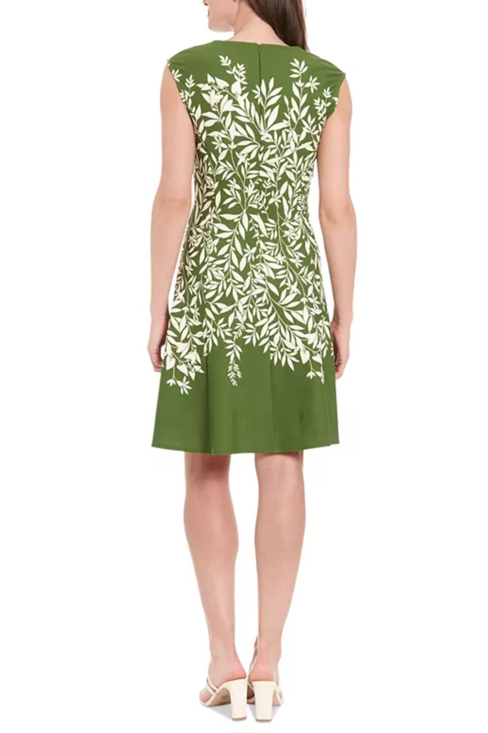 London Times - Leaf Print Cap Sleeve A-Line Dress
