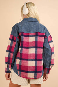 Very J - Textured Denim Contrast Plaid Shacket