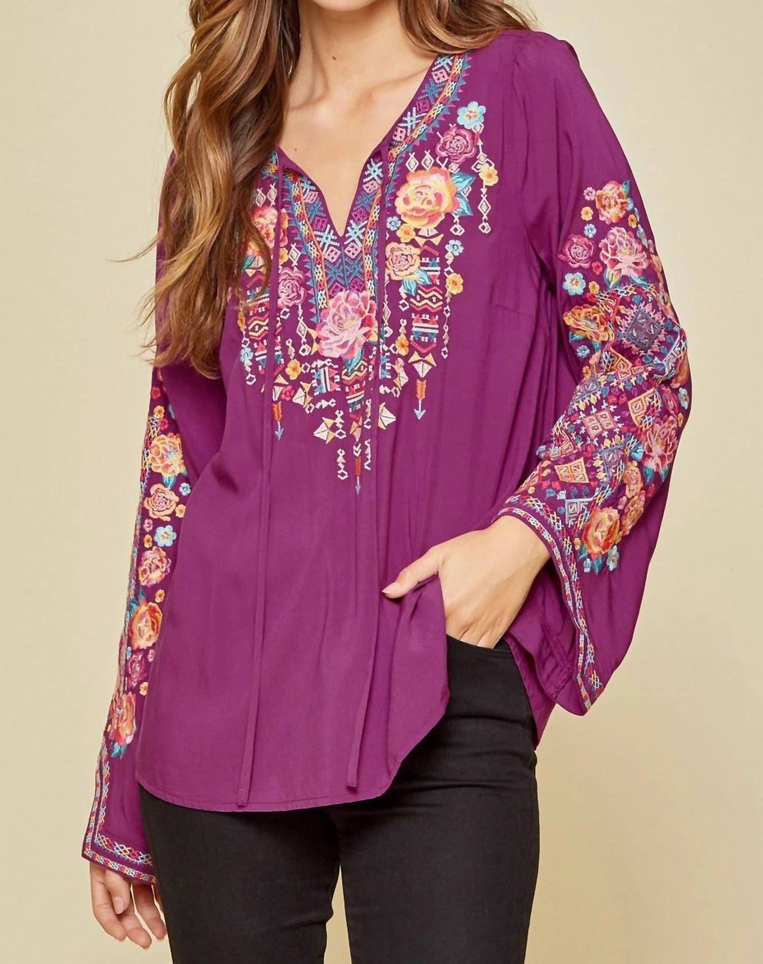 Andree By Unit - Tie Front Embroidered Blouse S / Magenta Andree By Unit - Tie Front Embroidered Blouse S / Magenta