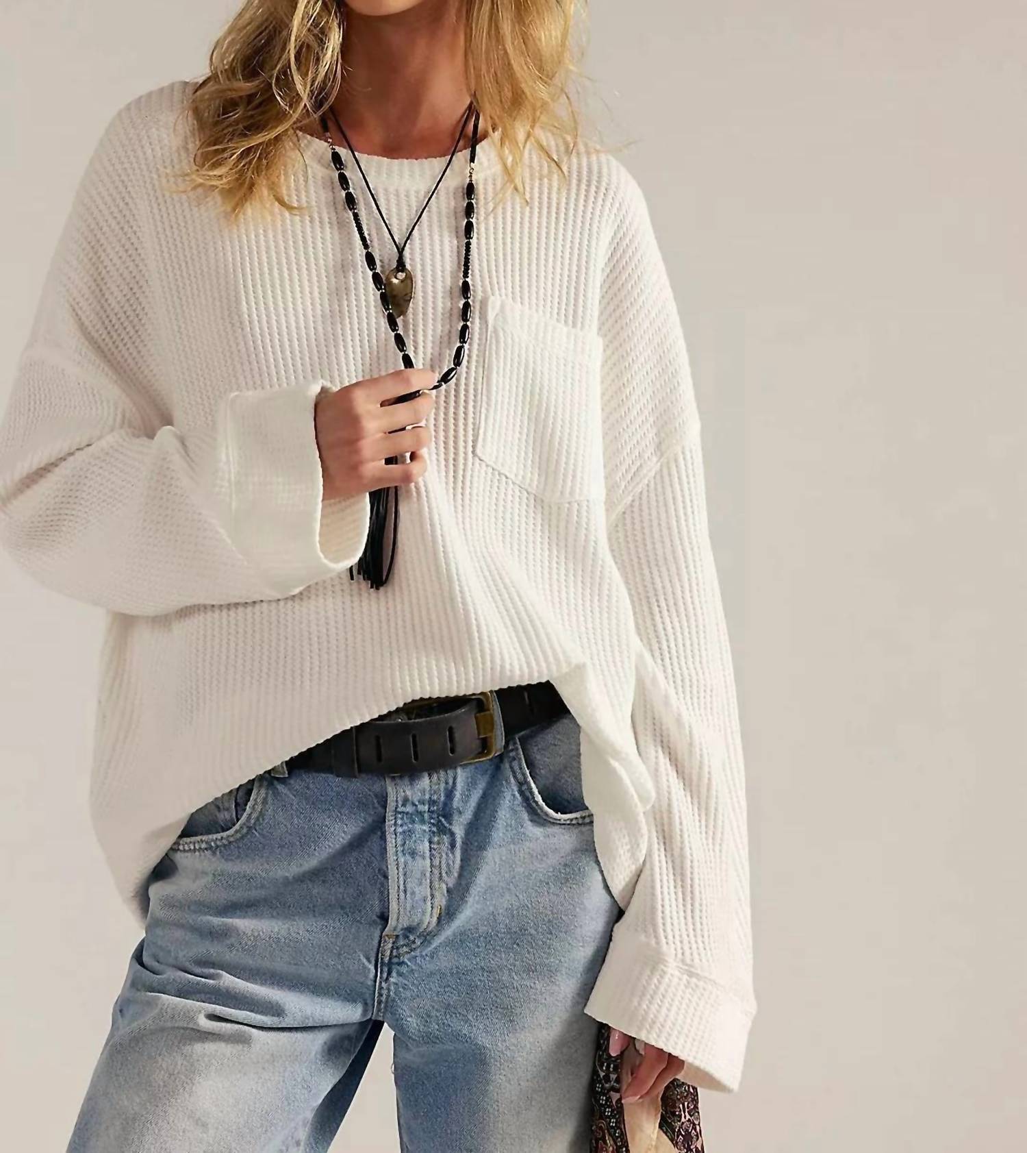Free People Dawson Pocket Thermal Top in clean ivory - women's long sleeve top