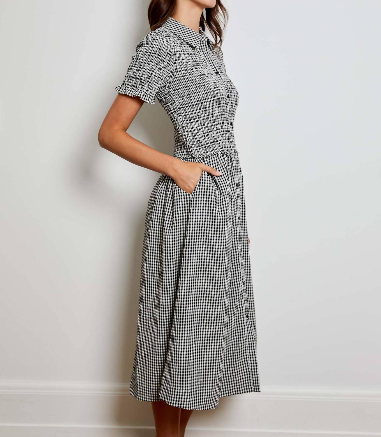 DESIGN HISTORY Smocked Gingham Midi Dress in black combo - women's dress - alternate view