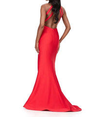 ASHLEYlauren Sleeveless Halter Jersey Gown in red - women's dress - detail view