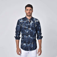Eight X - Distressed Denim Floral Flocking Button Down Shirt