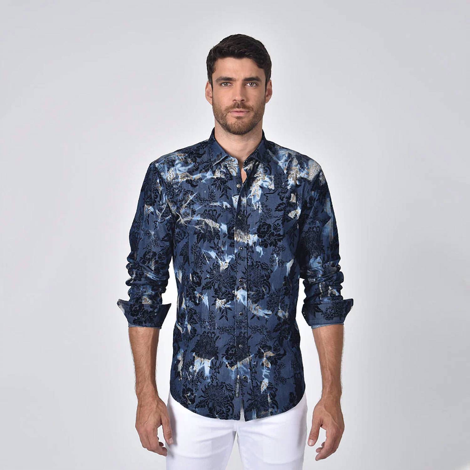 Eight X - Distressed Denim Floral Flocking Button Down Shirt