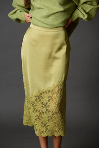 Before You Satin Asymmetrical Lace Contrast Pencil Midi Skirt in light moss - women's skirt - detail view