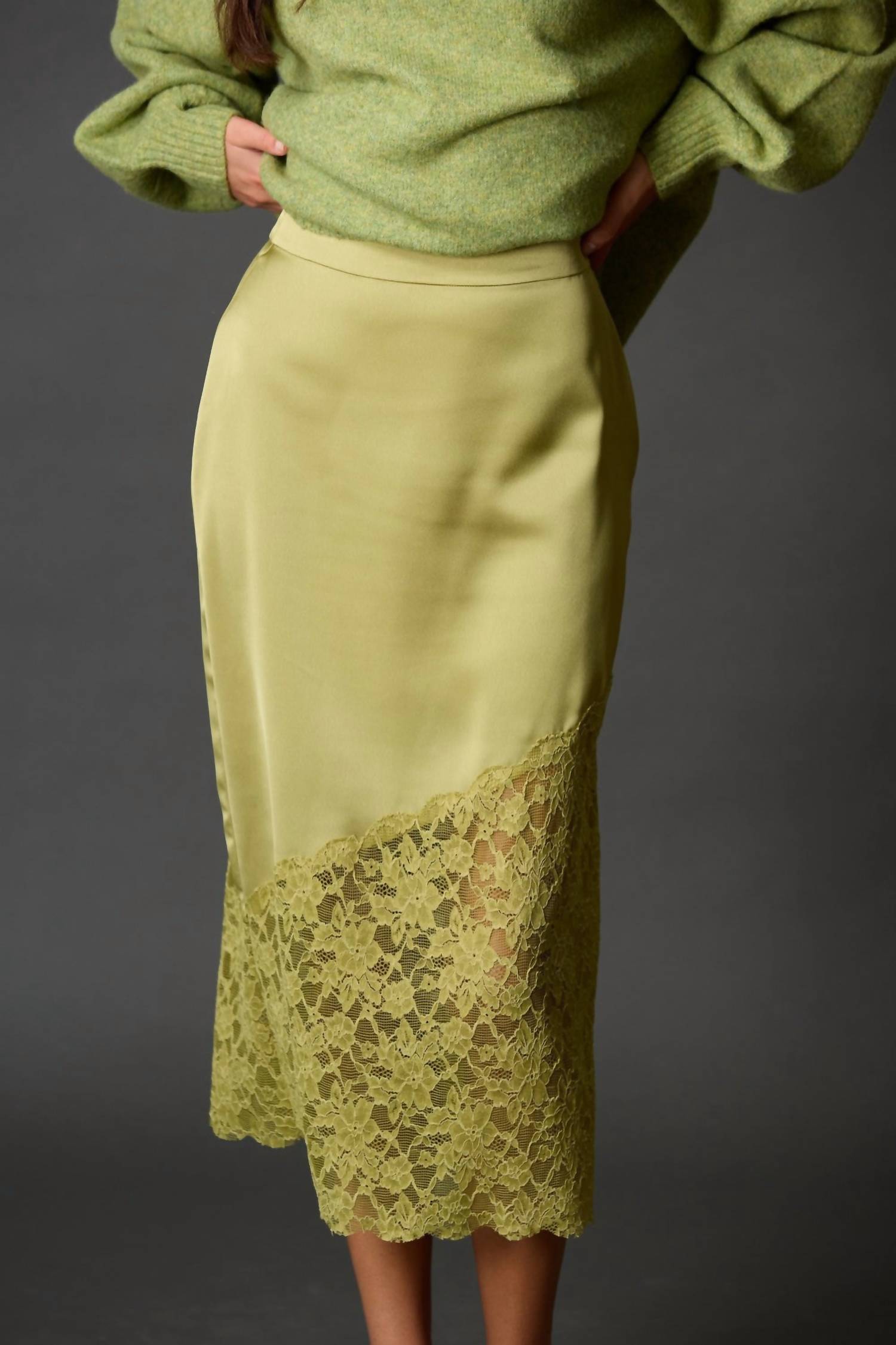 Before You Satin Asymmetrical Lace Contrast Pencil Midi Skirt in light moss - women's skirt - detail view