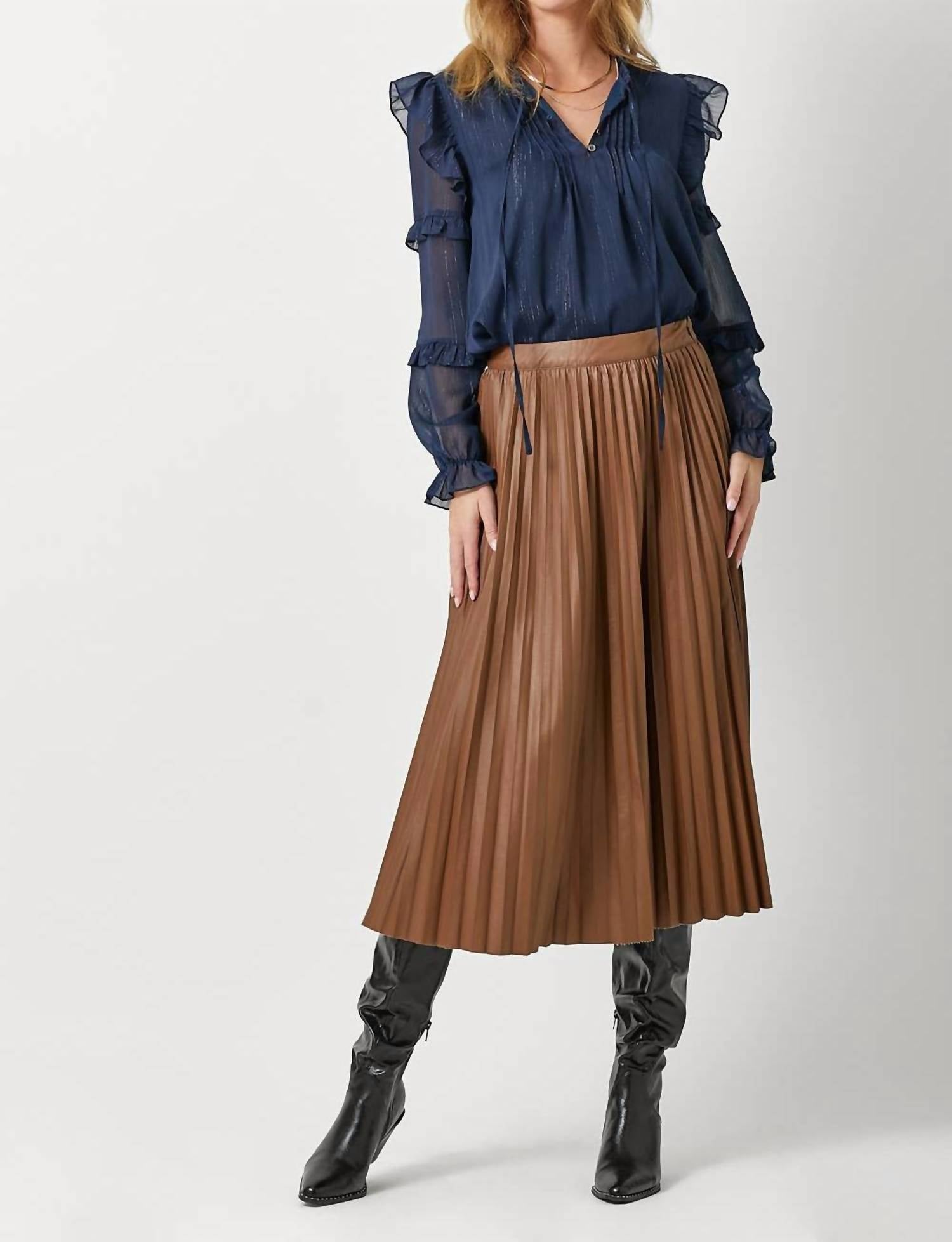 mystree Leather Pleated Midi Skirt in brown - women's skirt - view 5
