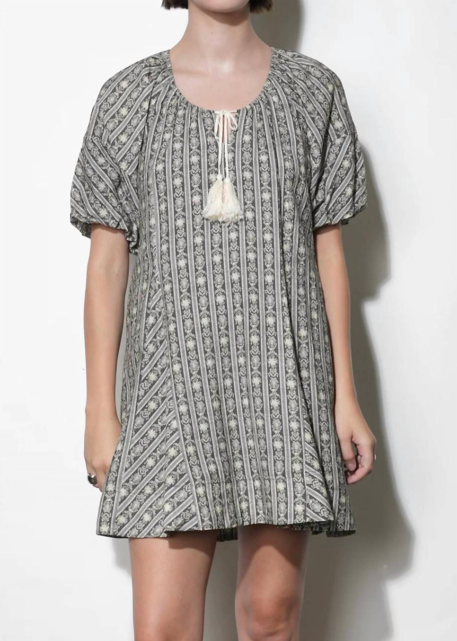 Greylin - Elena Stripe Pattern Bubble Sleeve Popover Dress