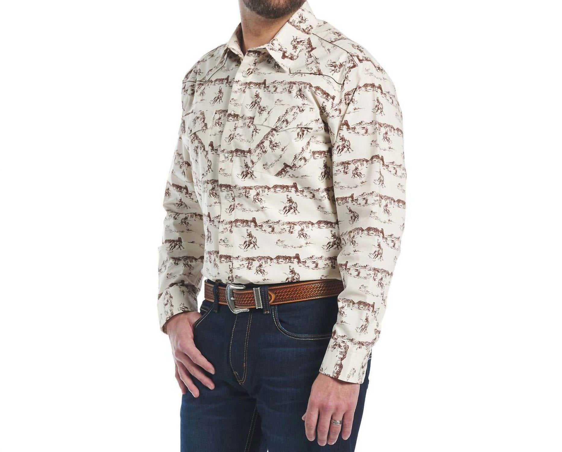 Justin Cowboy Way Pearl Snap Shirt in horse scene - men's shirt - detail view