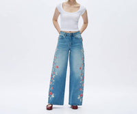 Bayeas - Charlie Floral Embroidery Wide Leg Jeans